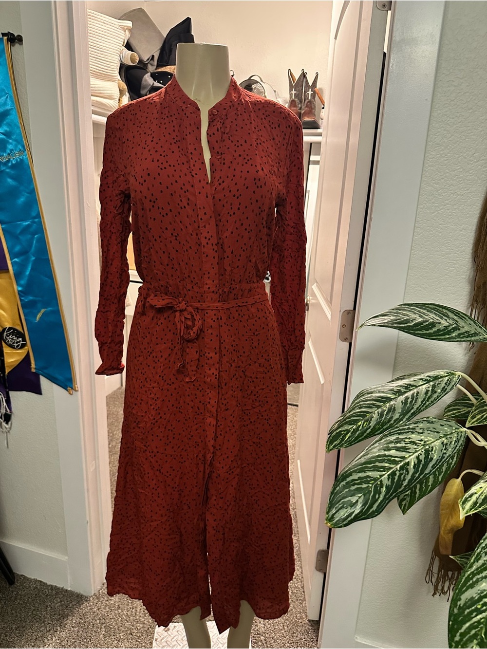 Anthropologie Brick Red Midi Dress with Tie Waist